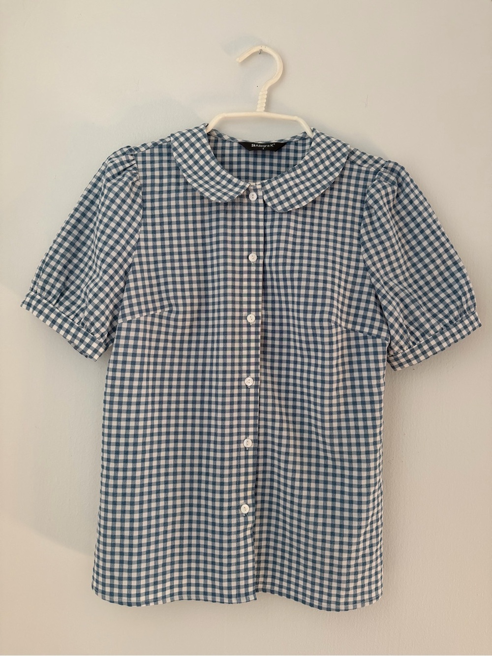 Blue and White Gingham Button-Up Blouse